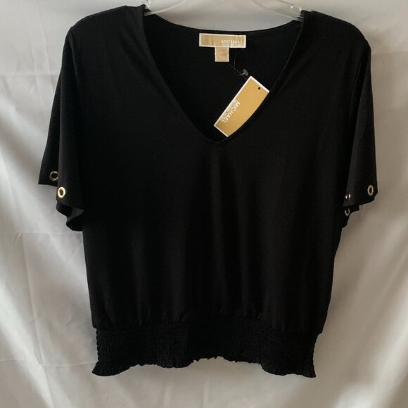 MICHAEL KORS Rivet Smocked Short Sleeve Top in Black/Gold Sz Medium - Picture 1 of 3